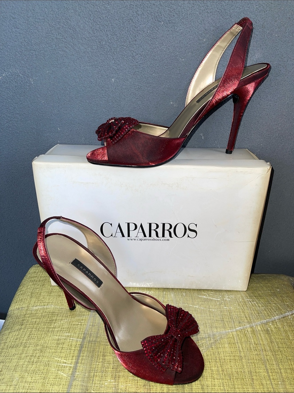 Caparros Wine Red Satin Slingback Peep-Toe Heels with Bow Accent sz10